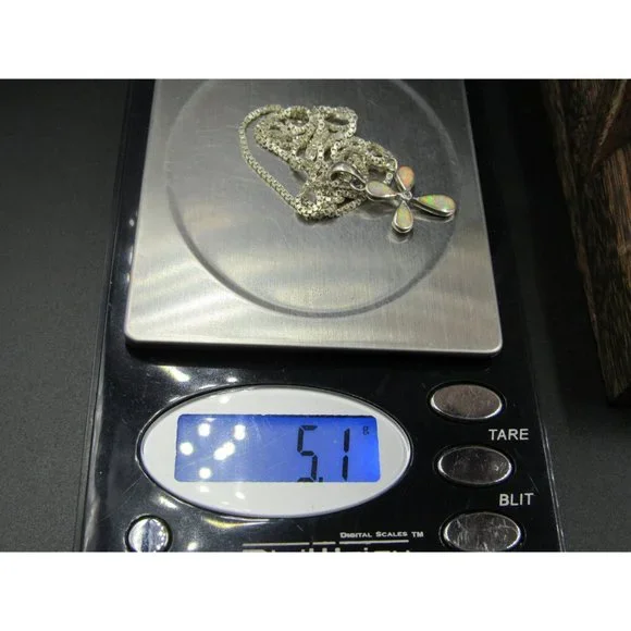 20" Sterling Silver Small Opal Cross Pendant Necklace Vintage Minimalist - Picture 7 of 7